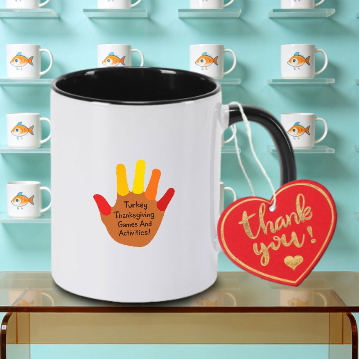 Tailorly Black Accent 11 oz Mug - Thanksgiving Turkey Handprint Design