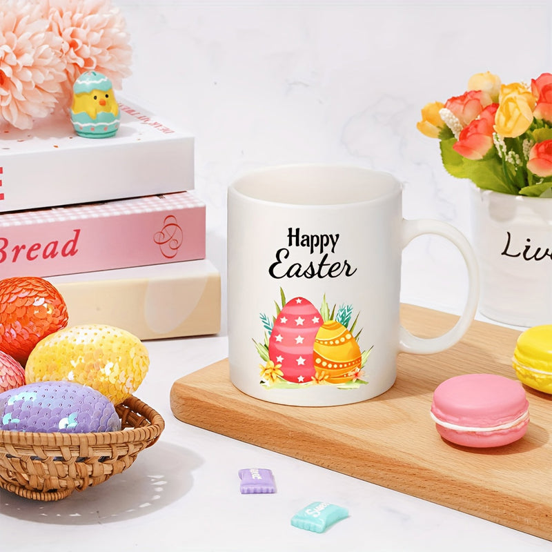 Tailorly White Ceramic 11 oz Mug - Happy Easter Colorful Painted Eggs Nestled Among Vibrant Spring Foliage Mug