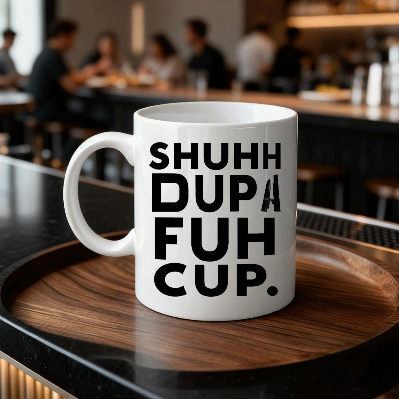 Tailorly White Ceramic 11 oz Mug - Shuhh Dup A Fuh Cup Bold Minimalist Black Typography Printed On Modern Mug