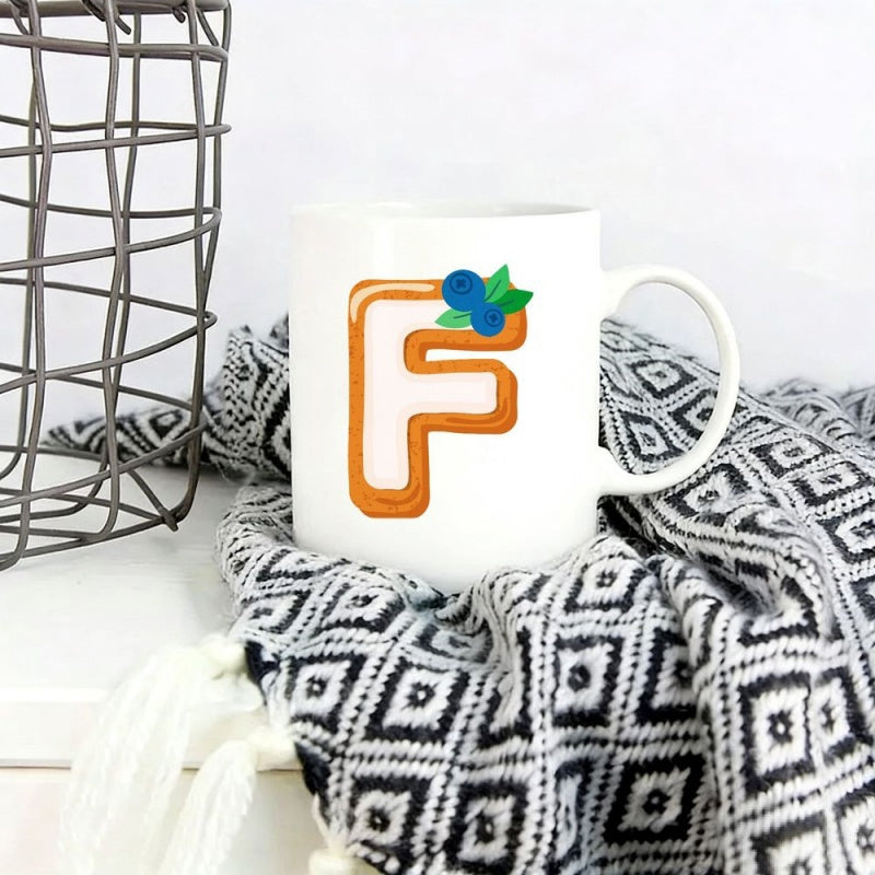 Tailorly White Ceramic 11 oz Mug - F Artistic Stylized Monogram Decorated With Blue Berries And Green Leaves Pastry Style Letter