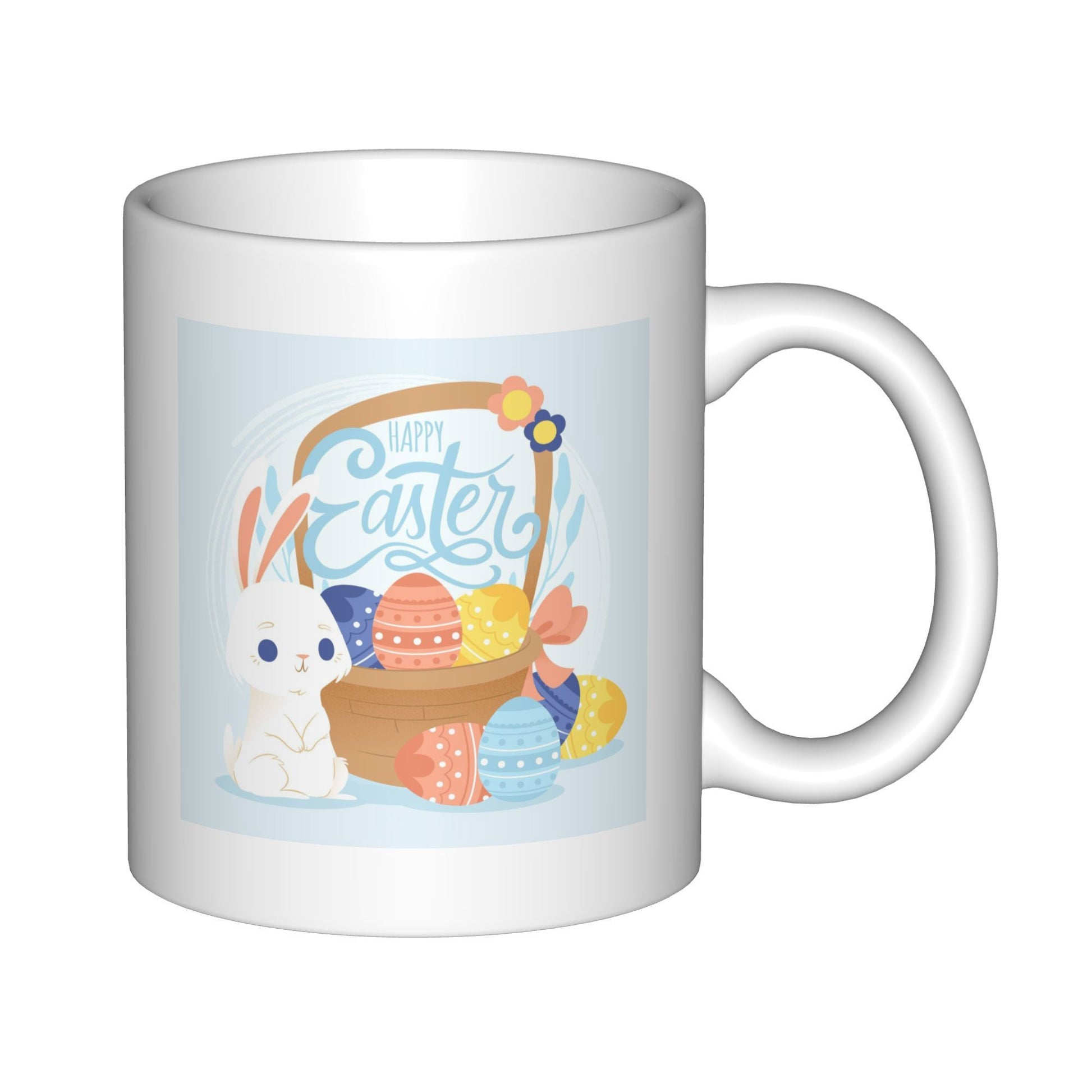 Tailorly White Ceramic 11 oz Mug - Happy Easter Cute White Rabbit Beside A Woven Basket Filled With Decorative Eggs Bunny