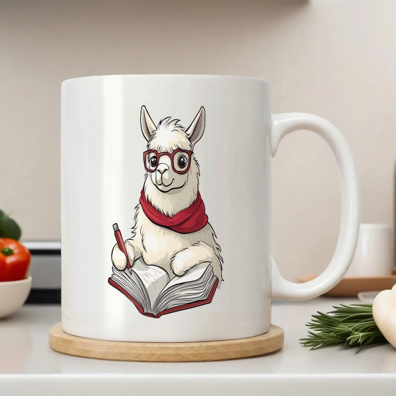 Tailorly White Ceramic 11 oz Mug - Cute Scholarly Animal Wearing Red Glasses And Scarf Reading A Book Llama