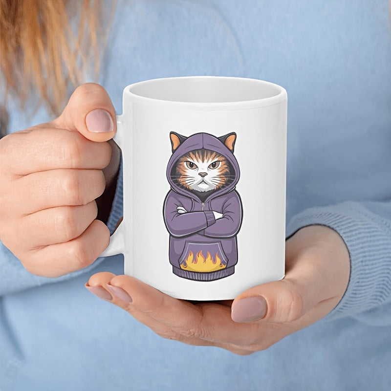 Tailorly White Ceramic 11 oz Mug - Grumpy Tabby Feline Wearing A Purple Hoodie With Flame Pattern Cat
