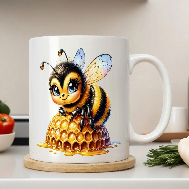 Tailorly White Ceramic 11 oz Mug - Adorable Stylized Cartoon Bumblebee Perched On Golden Sweet Dripping Honeycomb Bee