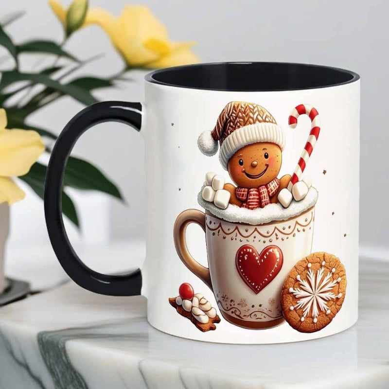 Tailorly Black Accent 11 oz Mug - gingerbread man wearing santa hat and scarf with candy canes patterns