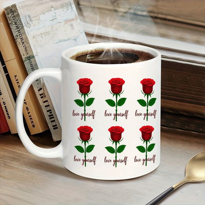 Tailorly White Ceramic 11 oz Mug - Love Yourself Elegant Red Blooming Petals On Green Stems Rose