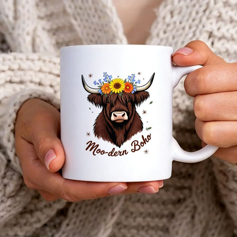 Tailorly White Ceramic 11 oz Mug - Moo Dern Boho Majestic Highland Head Wearing A Vibrant Colorful Sunflower Crown Cow