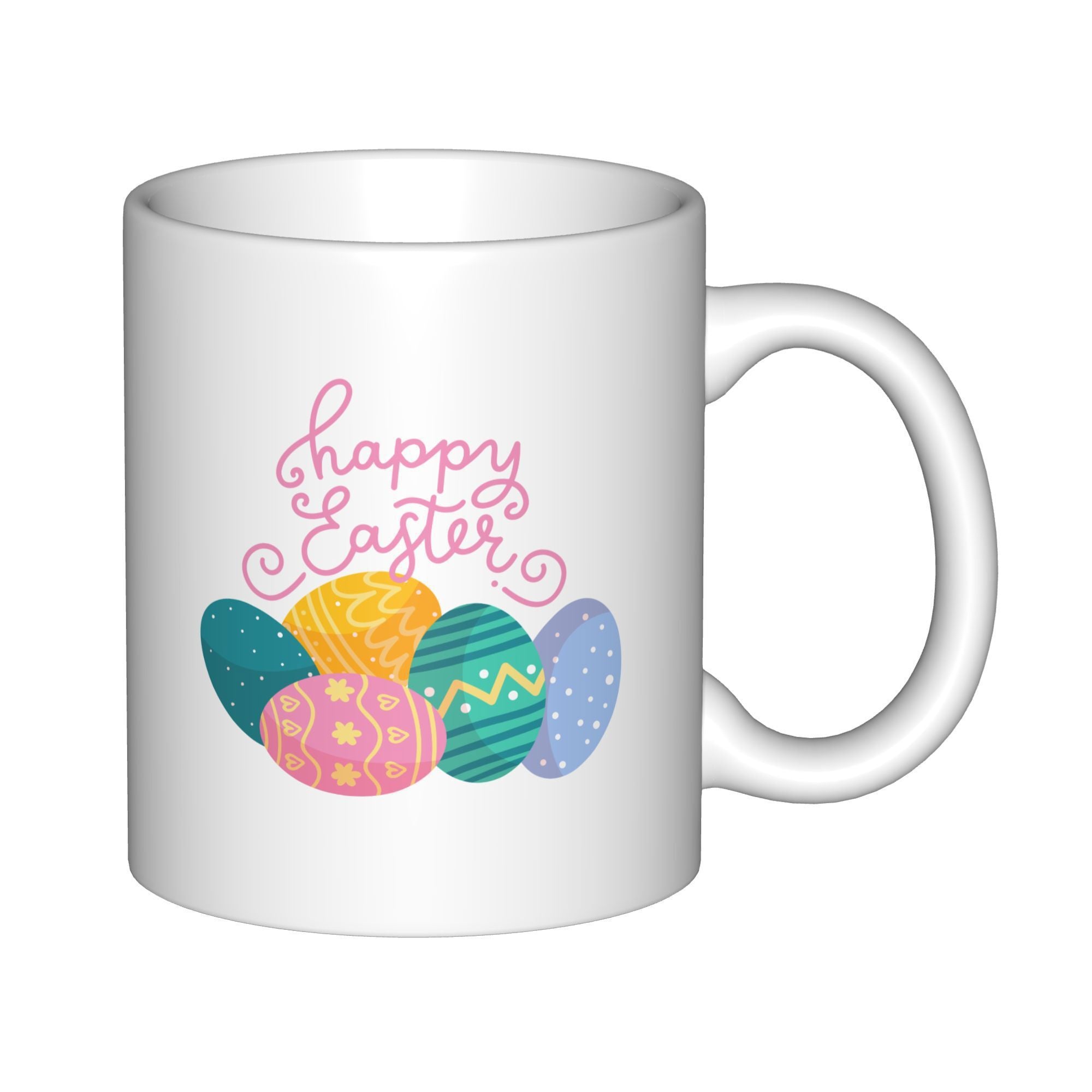 Tailorly White Ceramic 11 oz Mug - Happy Easter Colorful Decorated Eggs Sitting Under Festive Pink Script Lettering Mug
