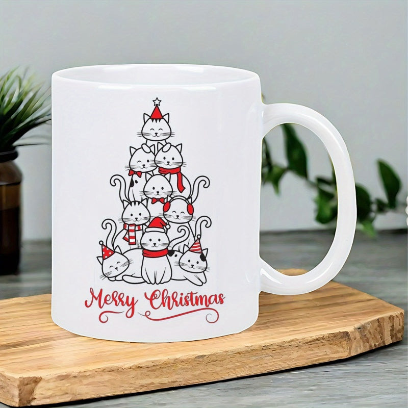 Tailorly White Ceramic 11 oz Mug - Merry Christmas Adorable White Kittens Wearing Red Scarves Stacked Like A Festive Holiday Cat