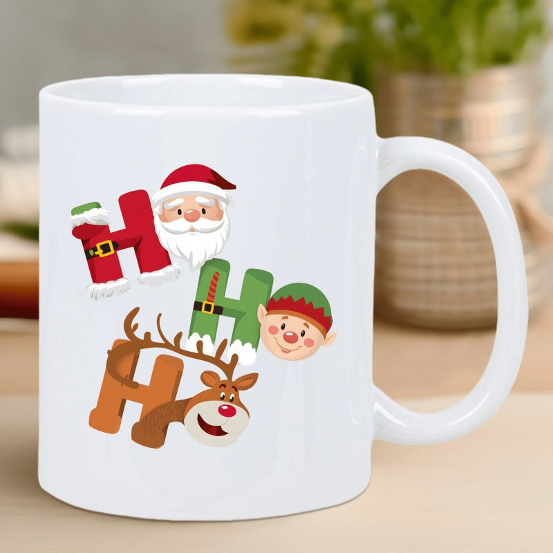 Tailorly White Ceramic 11 oz Mug - Ho Ho Ho Colorful Festive Cartoon Figures Featuring Santa Elf And Reindeer Holiday Character