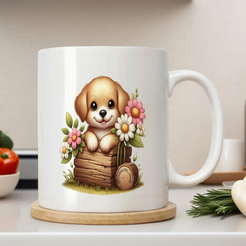 Tailorly White Ceramic 11 oz Mug - Adorable Golden Puppy Peeking From Behind Wooden Log Surrounded By Flowers Puppy
