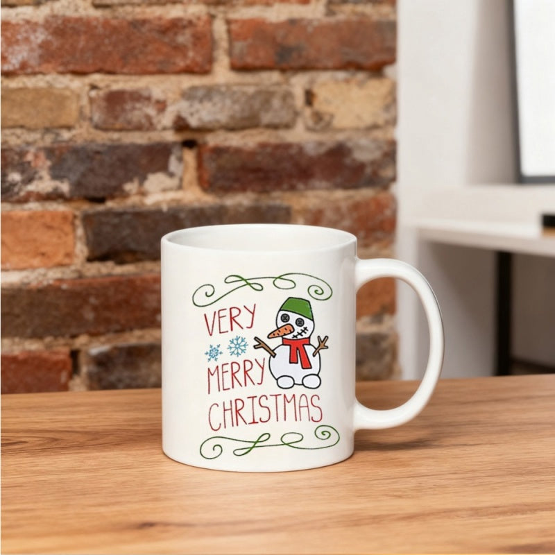 Tailorly White Ceramic 11 oz Mug - Very Merry Christmas Hand Drawn Cartoon Wearing Festive Green Hat And Red Scarf Snowman