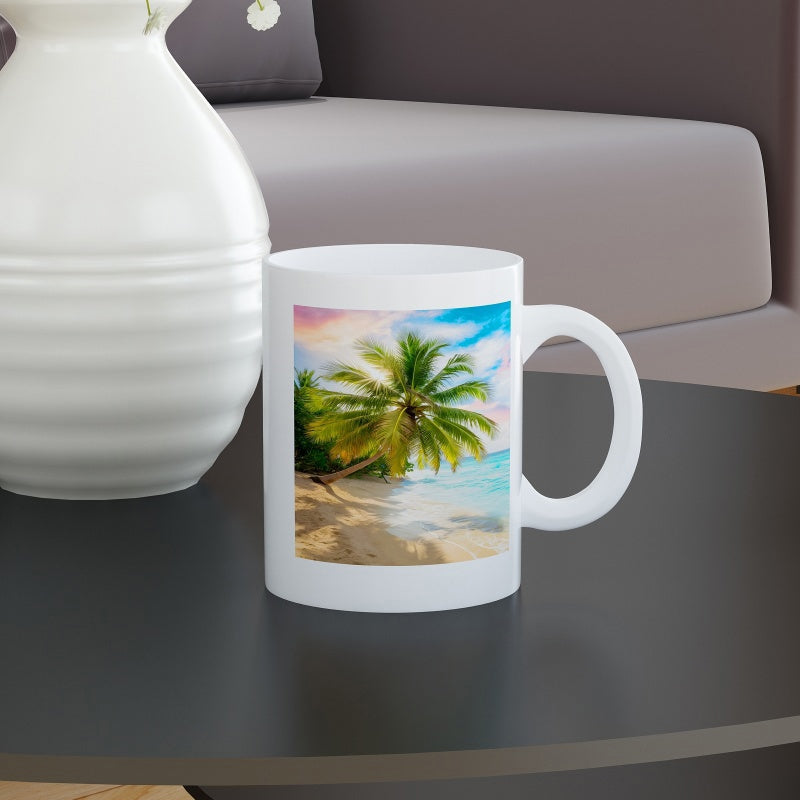 Tailorly White Ceramic 11 oz Mug - Tropical Beach Scene With Gentle Waves And A Lone Swaying Palm Tree