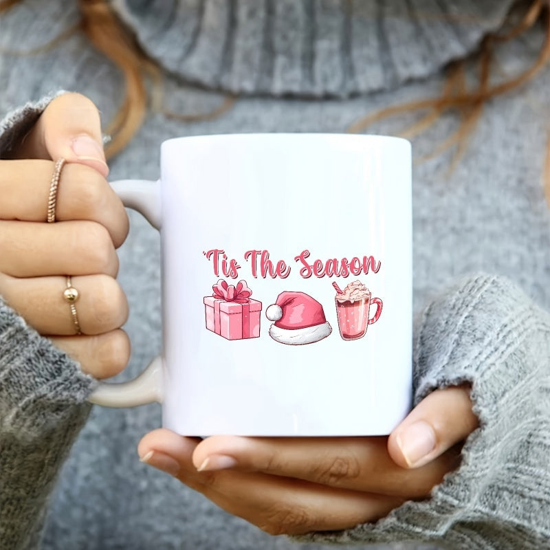 Tailorly White Ceramic 11 oz Mug - Tis The Season Festive Holiday Present With Santa Hat And Steaming Cocoa Mug