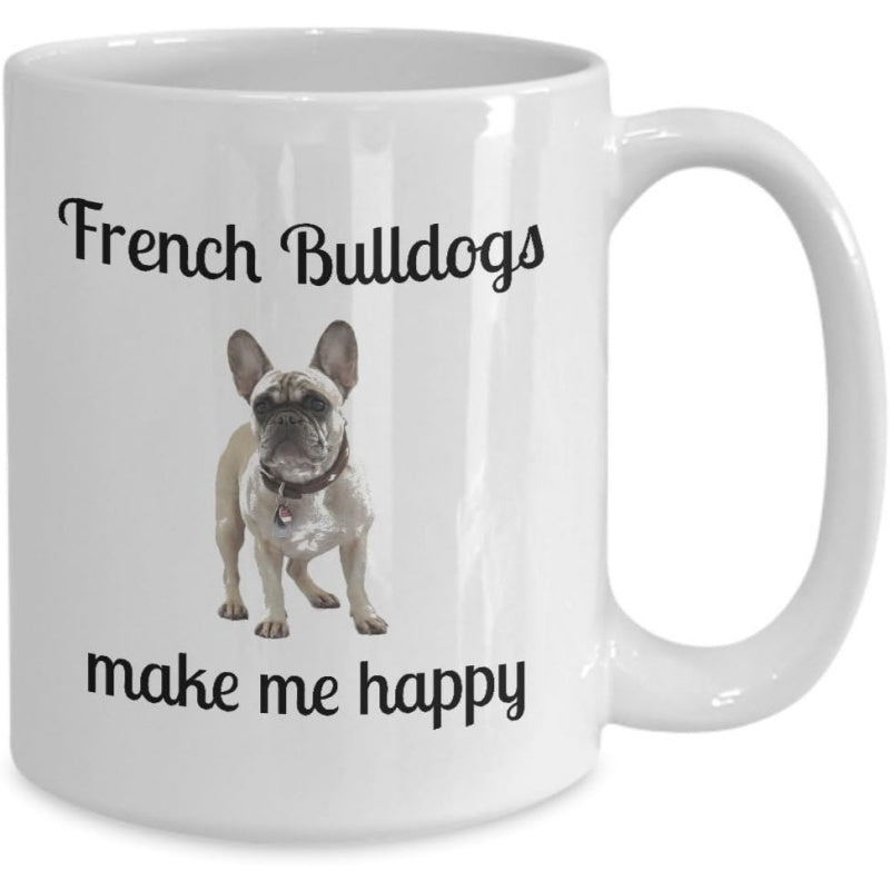Tailorly White Ceramic 11 oz Mug - French Bulldogs Make Me Happy Realistic Fawn Colored Puppy Standing Calmly On Clean White Surface French Bulldog