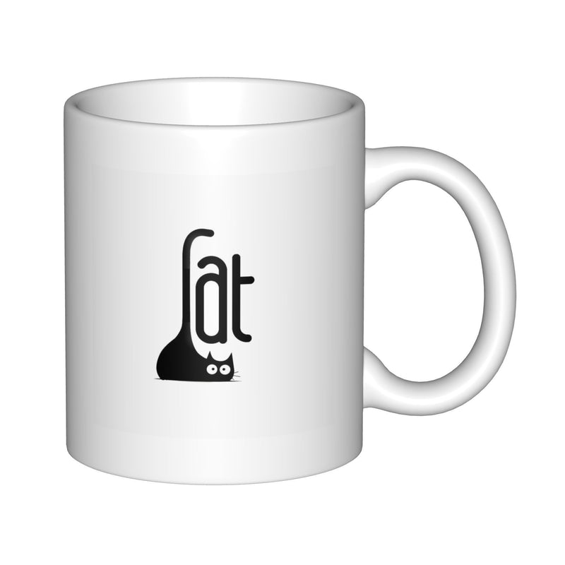 Tailorly White Ceramic 11 oz Mug - Cat Minimalist Black Artistic Feline Design Merged With Elongated Lettering Cat
