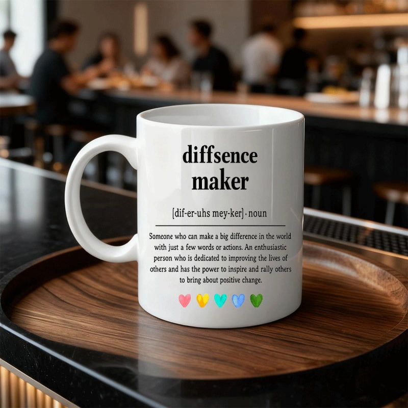 Tailorly White Ceramic 11 oz Mug - Diffsence Maker Minimalist Dictionary Style With Five Vibrant Tiny Rainbow Hearts Sign
