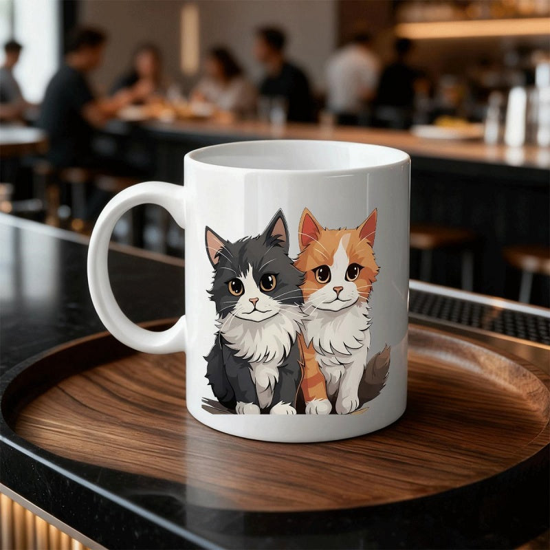 Tailorly White Ceramic 11 oz Mug - Adorable Fluffy Cartoon Kittens Sitting Together In A Charming Scene Cats