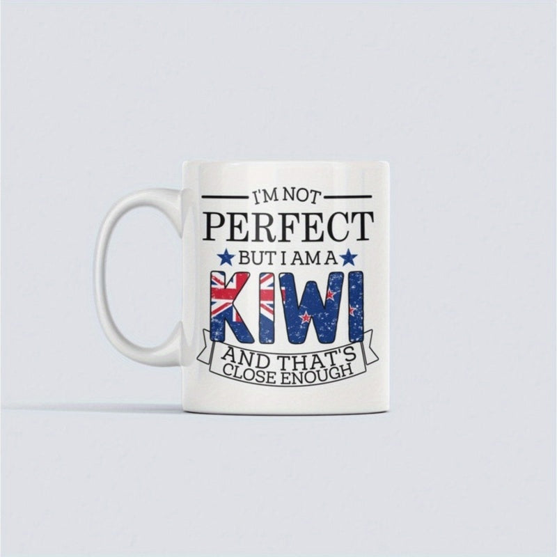 Tailorly White Ceramic 11 oz Mug - Im Not Perfect But I Am A Kiwi And Thats Close Enough New Zealand Flag Pattern Filled Letters Featuring Small Stars And Banner