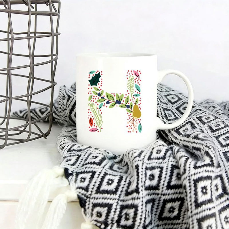 Tailorly White Ceramic 11 oz Mug - H Decorated With Autumn Botanical Leaves And Berries Mug
