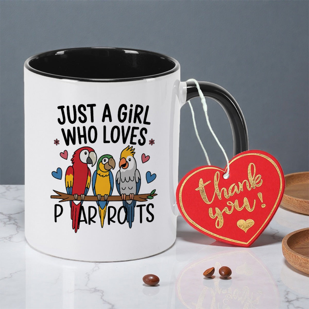 Tailorly Black Accent 11 oz Mug - three parrots on a branch