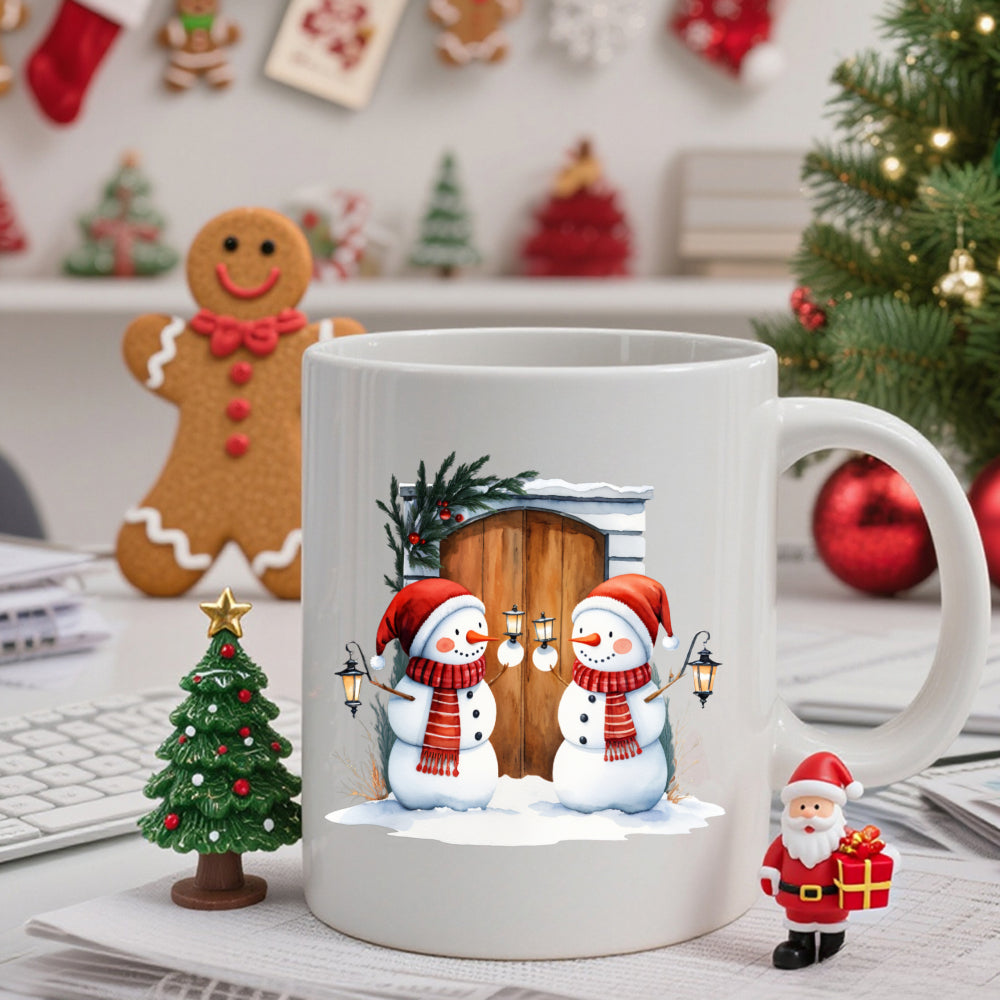 Tailorly White Ceramic 11 oz Mug - Two Cute Snowmen Wearing Red Scarves Standing Before A Rustic Door Snowmen