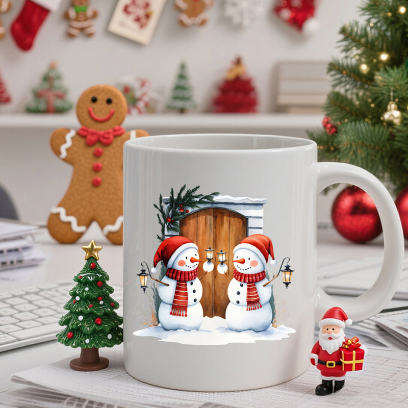 Tailorly White Ceramic 11 oz Mug - Two Cute Snowmen Wearing Red Scarves Standing Before A Rustic Door Snowmen