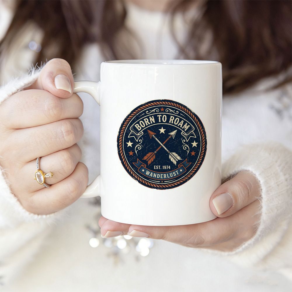 Tailorly White Ceramic 11 oz Mug - Always Chill Born To Roam Wanderlust Vintage Circular Badge Featuring Crossed Arrows With Decorative Stars In Background Mug