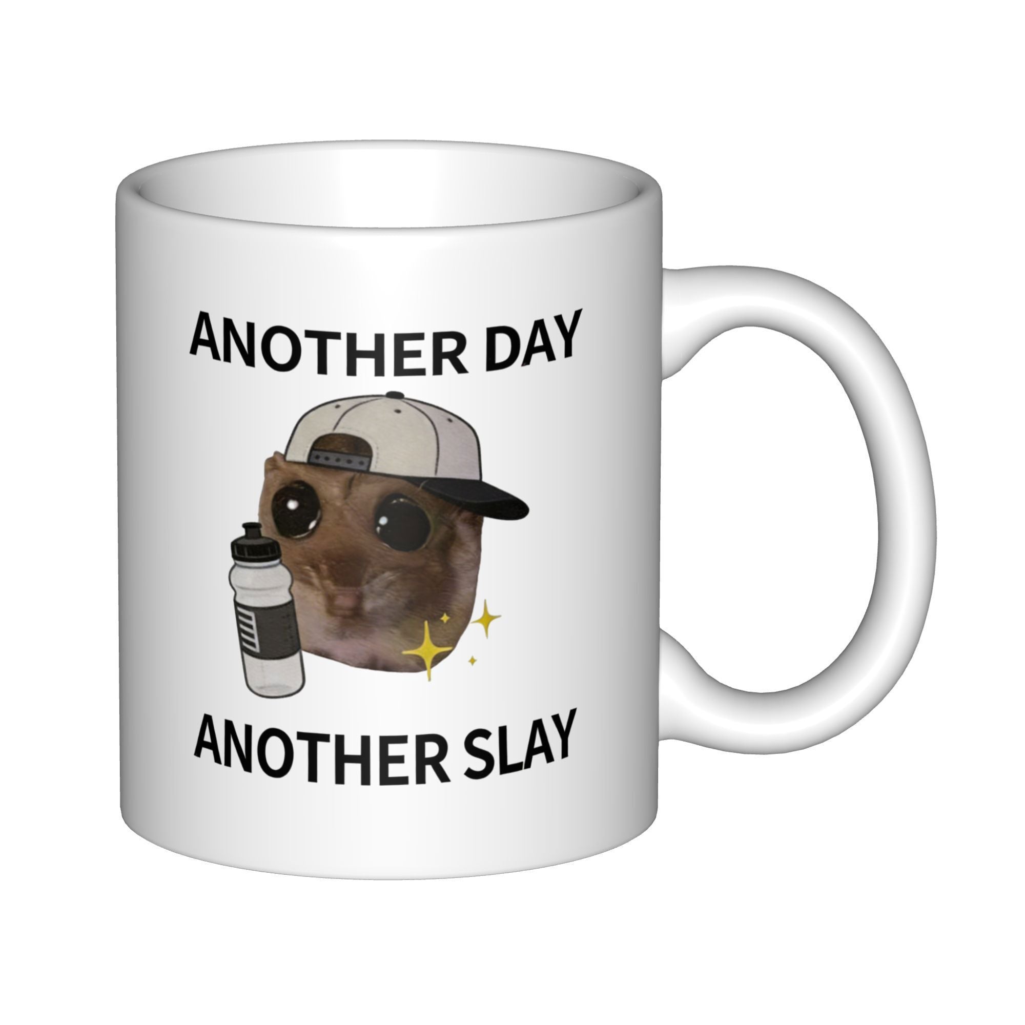 Tailorly White Ceramic 11 oz Mug - Another Day Another Slay Charming Small Sugar Glider Wearing Sporty Baseball Cap Holding Small Water Bottle Sugar Glider