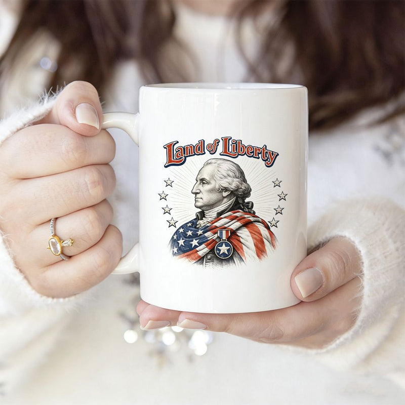Tailorly White Ceramic 11 oz Mug - Land Of Liberty Patriotic Leader Draped In American Flag With Circular Stars And Vintage Text Portrait
