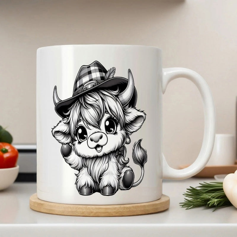 Tailorly White Ceramic 11 oz Mug - Adorable Cartoon Baby Highland Cow Wearing A Plaid Cowboy Hat Cow