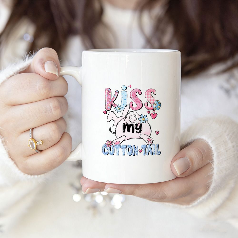 Tailorly White Ceramic 11 oz Mug - Kiss My Cotton Tail Playful Pastel Bubbles And Hearts Decorating A Fluffy White Tail Rabbit