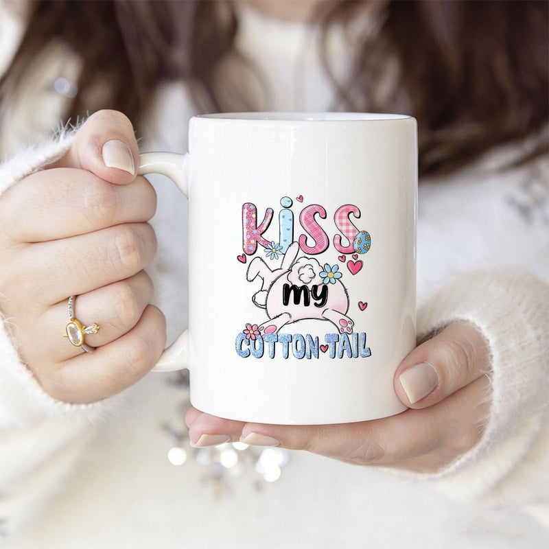 Tailorly White Ceramic 11 oz Mug - Kiss My Cotton Tail Playful Pastel Bubbles And Hearts Decorating A Fluffy White Tail Rabbit