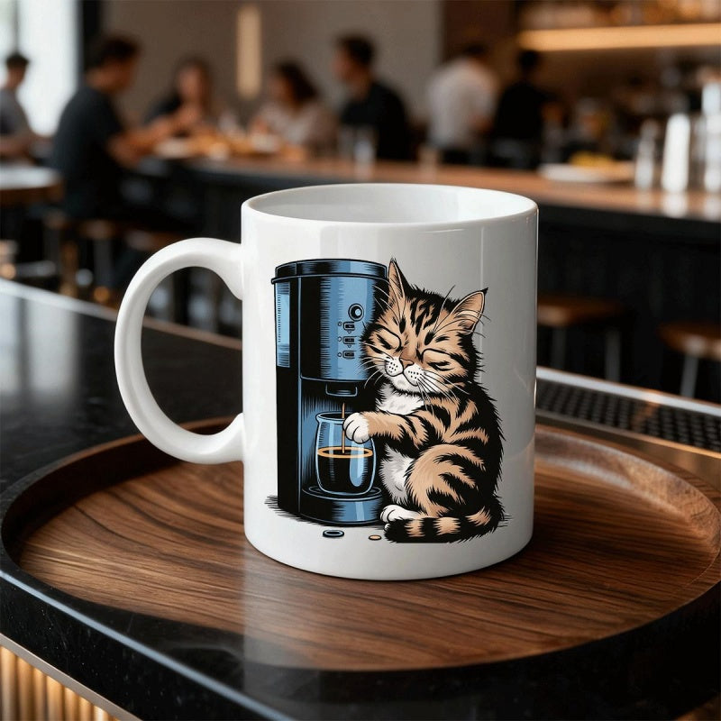 Tailorly White Ceramic 11 oz Mug - Cozy Hand Drawn Tabby Enjoying Fresh Brew From Black Coffee Machine Cat