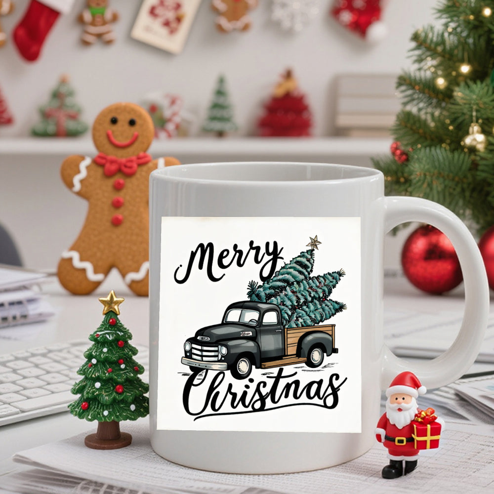 Tailorly White Ceramic 11 oz Mug - Merry Christmas Classic Vintage Black Pickup Truck Carrying Decorated Festive Evergreen Christmas Trees Truck