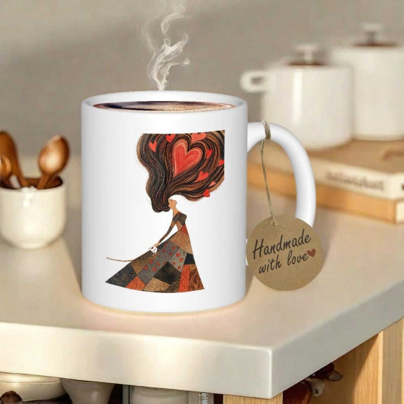 Tailorly White Ceramic 11 oz Mug - Handmade With Love Stylized Girl With Flowing Heart Shaped Hair Wearing Dress Woman