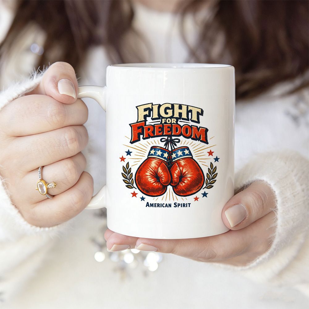 Tailorly White Ceramic 11 oz Mug - Fight For Freedom American Spirit Patriotic Red Boxing Gloves Hanging With Stars And Laurel Wreath Boxing Glove