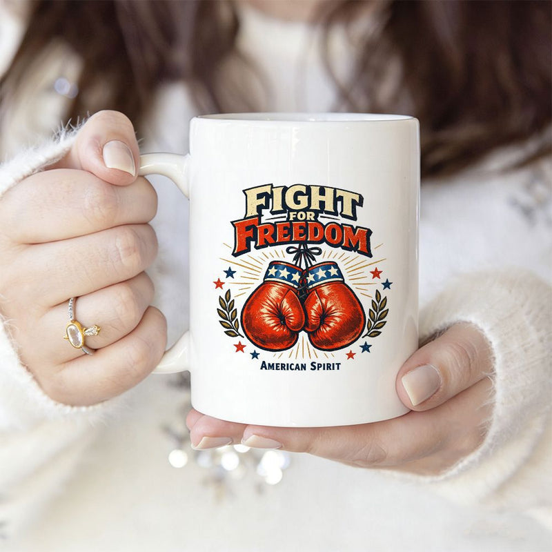Tailorly White Ceramic 11 oz Mug - Fight For Freedom American Spirit Patriotic Red Boxing Gloves Hanging With Stars And Laurel Wreath Boxing Glove