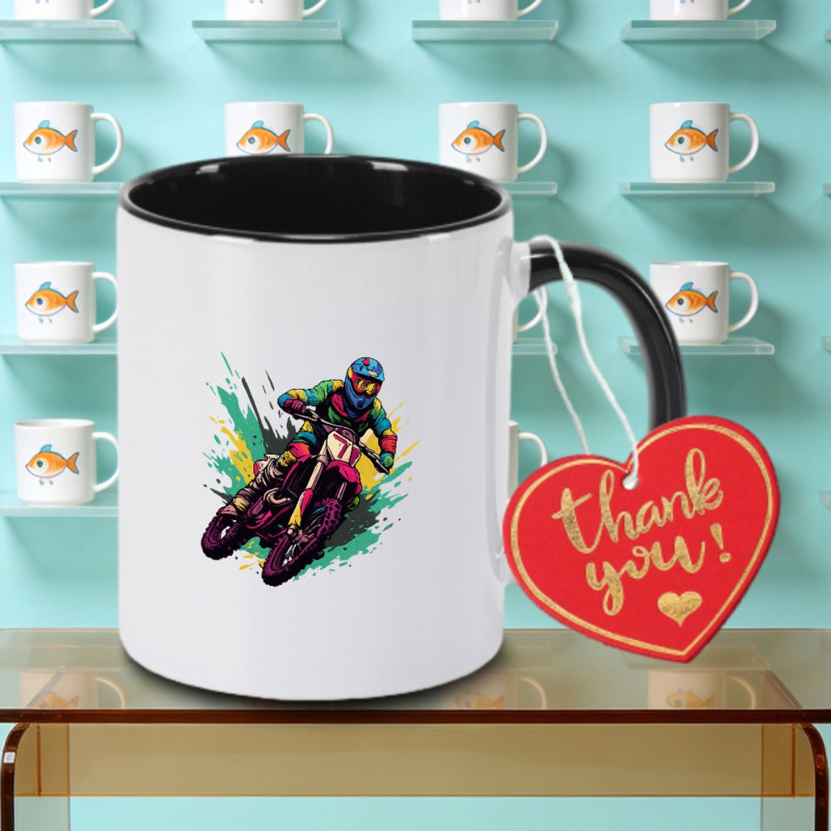 Tailorly Black Accent 11 oz Mug - Vibrant graffiti motorcycle design and Rama print logo