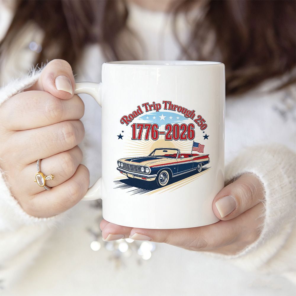 Tailorly White Ceramic 11 oz Mug - Road Trip Through 250 1776 2026 Classic American Vintage Convertible Speeding Along A Scenic Retro Route Car