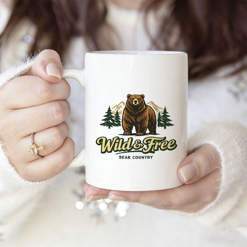 Tailorly White Ceramic 11 oz Mug - Wild Free Bear Country Majestic Brown Grizzly Standing Within Evergreen Forests And Mountain Peaks Bear