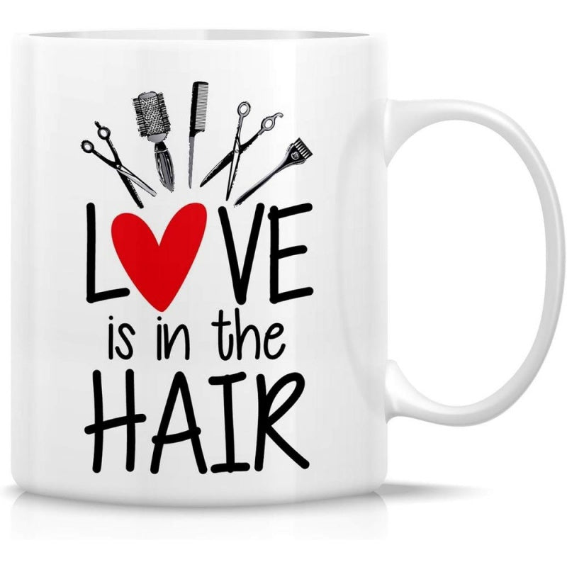 Tailorly White Ceramic 11 oz Mug - Love Is In The Hair Styling Tools Arranged Around A Vibrant Red Decorative Heart Salon