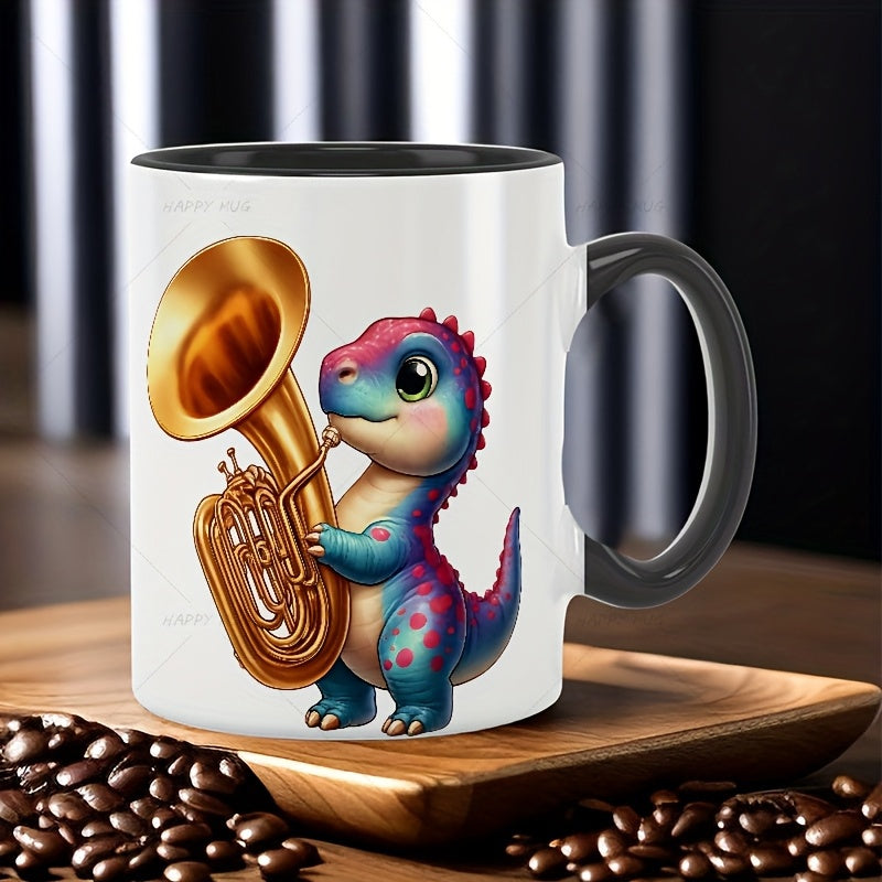 Tailorly Black Accent 11 oz Mug - large golden dinosaur blowing with concentration