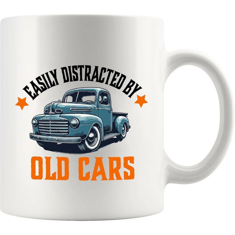 Tailorly White Ceramic 11 oz Mug - Easily Distracted By Old Cars Vintage Blue Classic Pickup Parked Featuring Two Orange Stars Truck