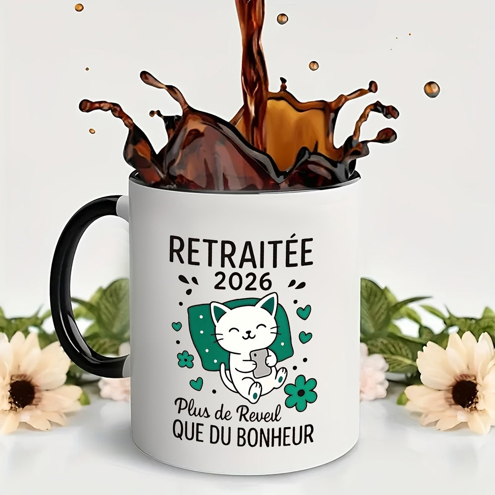 Tailorly Black Accent 11 oz Mug - cute cat with "retired in 2026" text