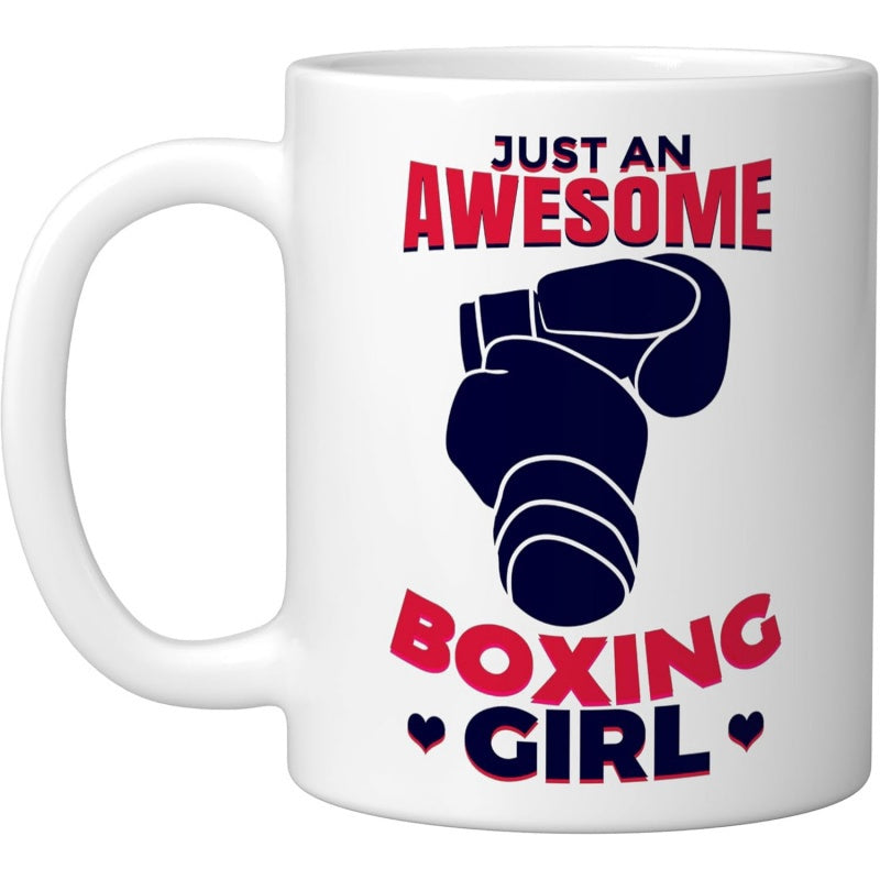 Tailorly White Ceramic 11 oz Mug - Just An Awesome Boxing Girl Powerful Red And Navy Blue Sporty Themed Padded Combat Equipment Glove