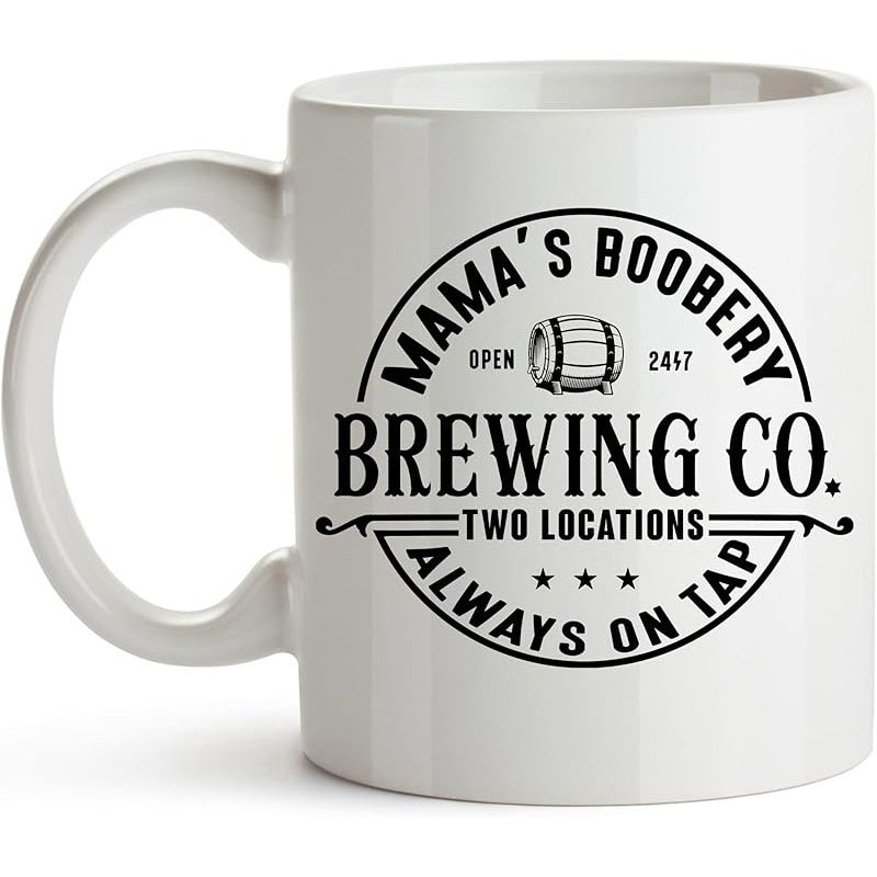 Tailorly White Ceramic 11 oz Mug - Mamas Boobery Brewing Co Two Locations Always On Tap Vintage Circular Badge Featuring Three Stars And Old Barrel