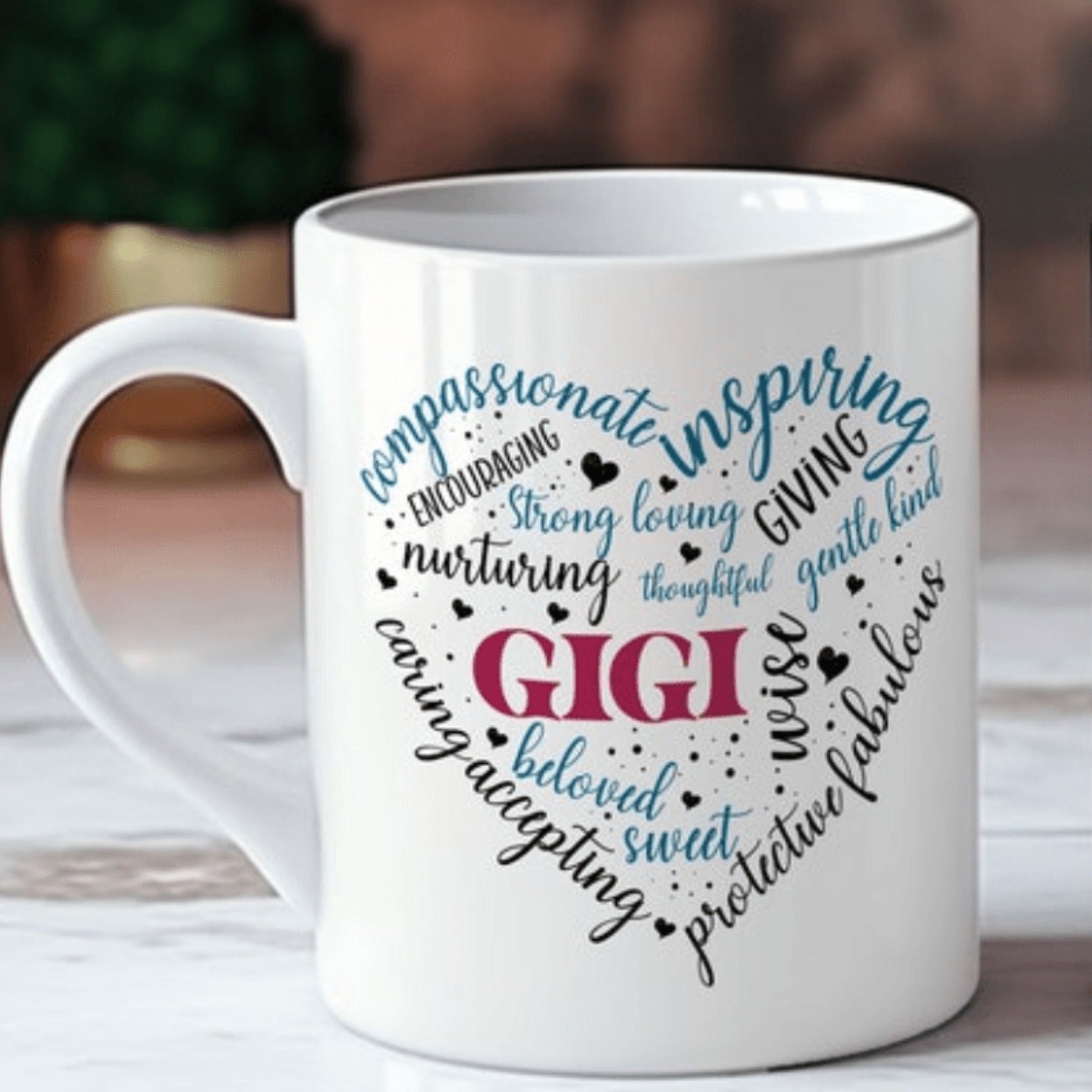 Tailorly White Ceramic 11 oz Mug - Gigi Heart Shaped Word Cloud Arrangement With Multiple Small Floating Delicate Hearts Mug