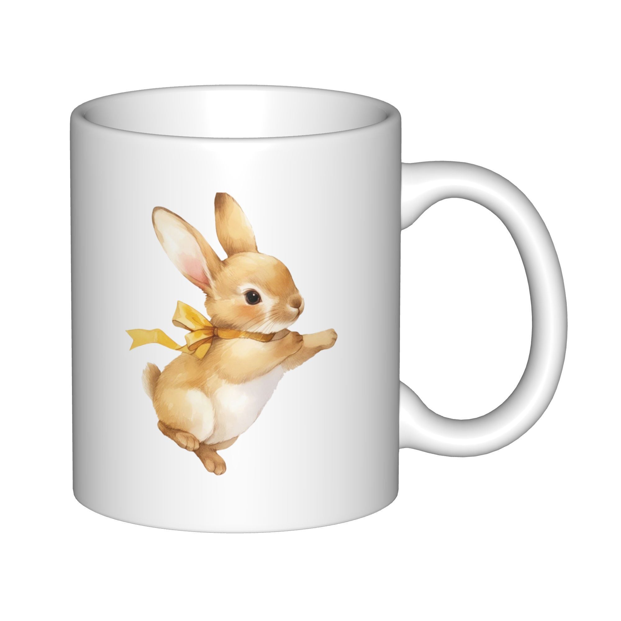 Tailorly White Ceramic 11 oz Mug - Sweet Little Brown Bunny Wearing A Delicate Yellow Ribbon Bow Rabbit