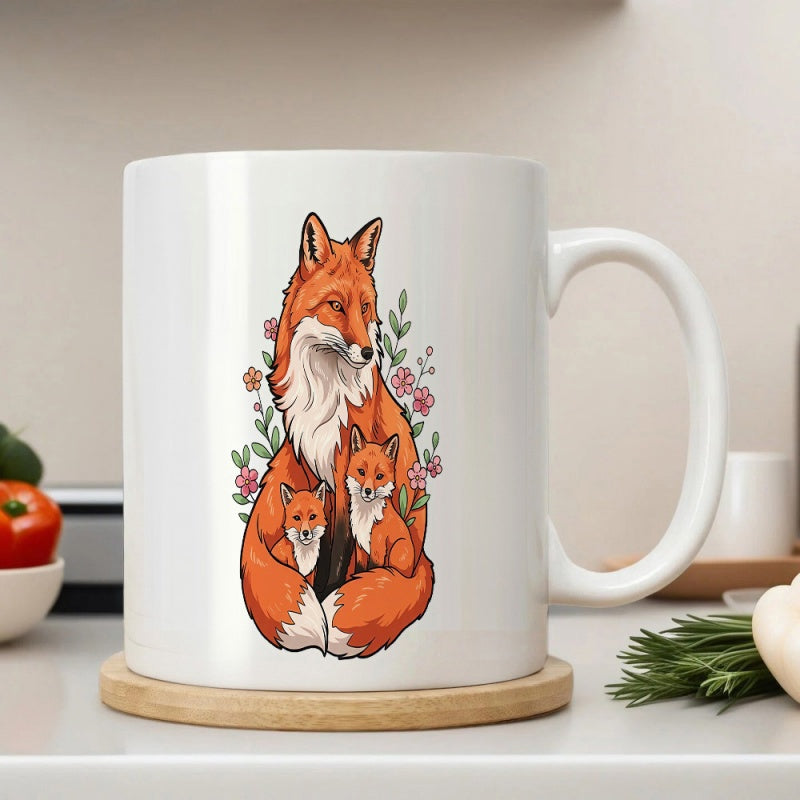 Tailorly White Ceramic 11 oz Mug - Mother Fox With Two Young Cubs Among Blossoming Floral Wildflowers Fox